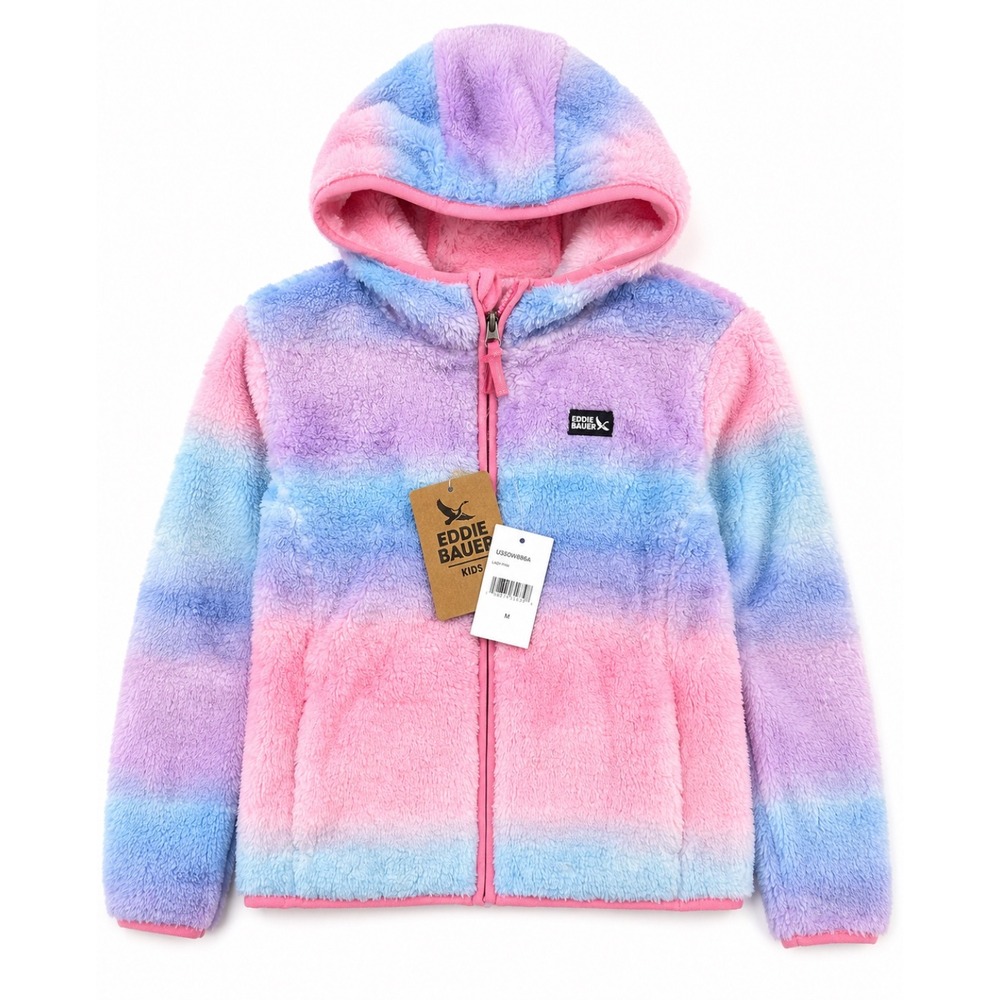 NWT Eddie Bauer Kids Rainbow Sherpa Hoodie Jacket Pastel Fleece Zip Up M 10/12